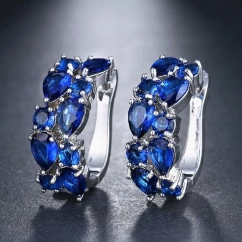 14k White Gold Plated Blue Diamond Hoop Earrings